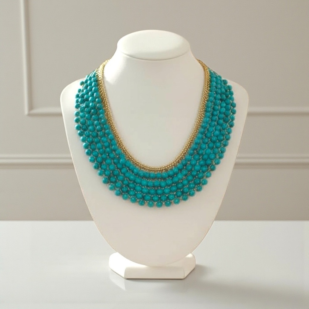 Statement Bib Necklace Turquoise Beads‎ Gold Tone Chain Choker Collar